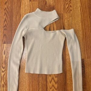 Beige Ribbed Asymmetrical Cutout Long Sleeve Top